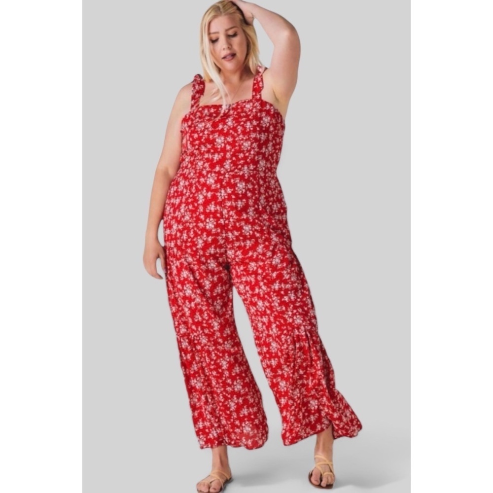 Davi & Dani Red Floral Print Wide Leg Jumpsuit